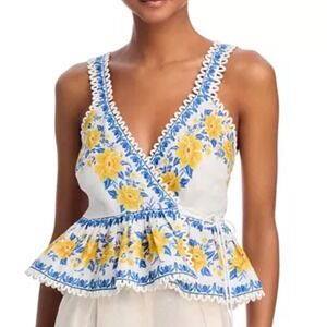 Farm Rio Zuli Yellow Rose Floral Wrap Peplum Cami Blouse White Trim Size XL